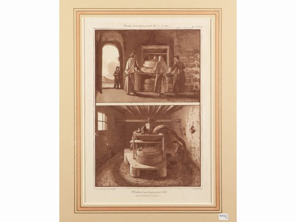 Jean-Pierre Louis Laurent Houel : Moulin domestique pour le bl� - Fr�re Cordelier queteur e Orfelines de Catane  - Asta La Sicilia in una collezione di stampe - Associazione Nazionale - Case d'Asta italiane