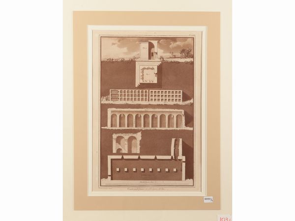 Jean-Pierre Louis Laurent Houel : Tombeau divers et Reserve d'Eau - Plan et Elevement g�eom�trale du Ginnase  - Asta La Sicilia in una collezione di stampe - Associazione Nazionale - Case d'Asta italiane