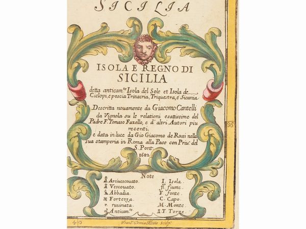 Giacomo Cantelli da Vignola : Isola e Regno di Sicilia detta anticam.te Isola del Sole et Isola de Ciclopi (1682)  - Asta La Sicilia in una collezione di stampe - Associazione Nazionale - Case d'Asta italiane