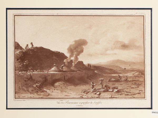 Jean-Pierre Louis Laurent Houel : Vue des Fourneaux a purifier le Souffre � Catolica  - Asta La Sicilia in una collezione di stampe - Associazione Nazionale - Case d'Asta italiane