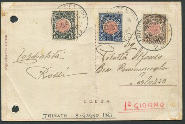 1921, Regno, Cartolina da Trieste a Saluzzo con serie cpl. Annessione Venezia Giulia 1 giorno demissione (S.19)  - Asta Filatelia e Storia Postale - Associazione Nazionale - Case d'Asta italiane