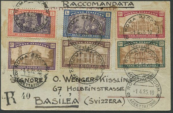 1925, Regno dItalia, Anno Santo, serie completa su cartolina raccomandata da Roma per Basilea (Svizzera).  - Asta Filatelia e Storia Postale - Associazione Nazionale - Case d'Asta italiane