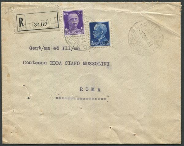 1941, Regno di Vittorio Emanuele III, Raccomandata ad Edda Ciano Mussolini da Castelbaldo a Roma  - Asta Filatelia e Storia Postale - Associazione Nazionale - Case d'Asta italiane