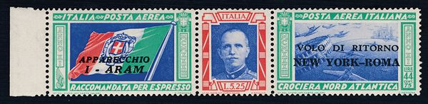 1933, Crociera Nord Atlantica, trittico con soprastampa Volo di ritorno I ARAM- - New York - Roma (53)  - Asta Filatelia e Storia Postale - Associazione Nazionale - Case d'Asta italiane