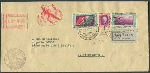 1933, Crociera aerea del Decennale, Trittico Servizio di Stato (1) su Raccomandata da Roma a Washington  - Asta Filatelia e Storia Postale - Associazione Nazionale - Case d'Asta italiane