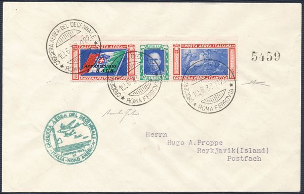 1933 - Crociera Aerea del Decennale - Aerogramma da Roma a Reykjavik - I-BALB (Longhi 2855)  - Asta Filatelia e Storia Postale - Associazione Nazionale - Case d'Asta italiane