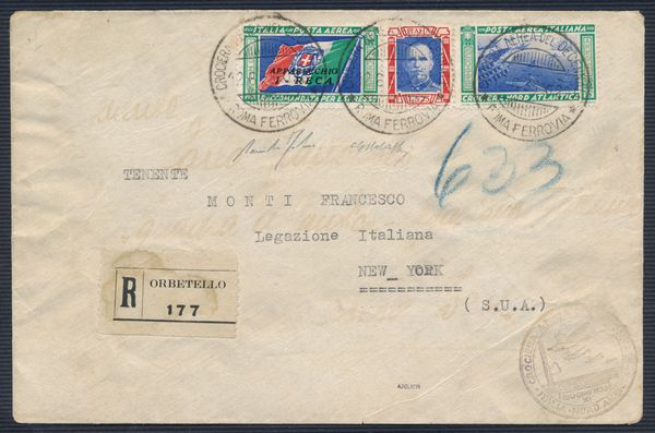 1933, Crociera Aerea del Decennale, Aerogramma da Roma a New York con trittico I-RECA (Longhi 2860)  - Asta Filatelia e Storia Postale - Associazione Nazionale - Case d'Asta italiane