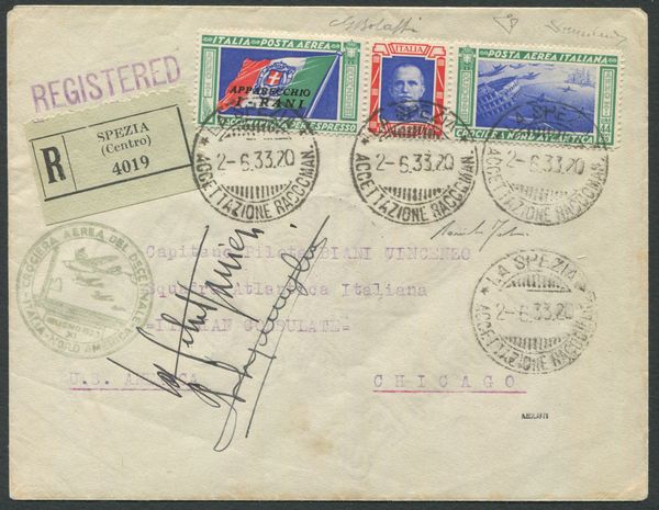 1933, Crociera Aerea del Decennale, Aerogramma da La Spezia per Chicago affrancato con trittico I-RANI (Longhi 2859)  - Asta Filatelia e Storia Postale - Associazione Nazionale - Case d'Asta italiane