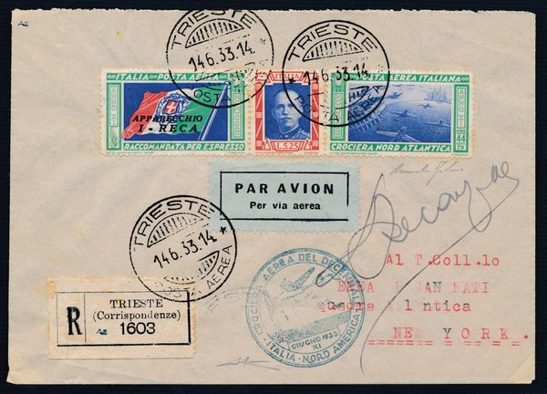 1933, Crociera Nord Atlantica del Decennale, Aerogramma da Trieste per New York affrancato con trittico I-RECA (Longhi 2860)  - Asta Filatelia e Storia Postale - Associazione Nazionale - Case d'Asta italiane