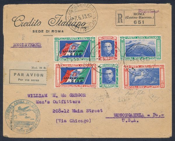 1933, Crociera Aerea del Decennale, Aerogramma da Roma a Monongahela (PA) con coppia di trittici I-BISE (Longhi 2900)  - Asta Filatelia e Storia Postale - Associazione Nazionale - Case d'Asta italiane