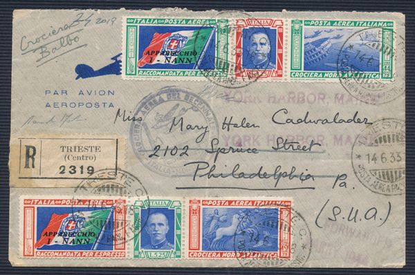 1933, Crociera Aerea del Decennale, Aerogramma da Roma a York Harbor (Maine) via New York con coppia di trittici I-NANN (Longhi 2900)  - Asta Filatelia e Storia Postale - Associazione Nazionale - Case d'Asta italiane