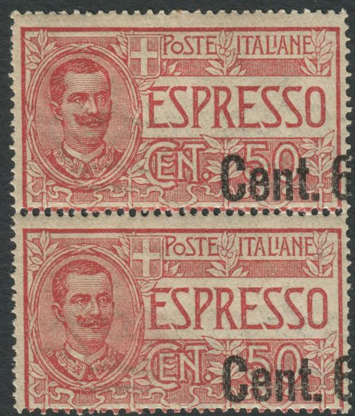 1922, Regno dItalia, Espressi, Coppia verticale del 60c. su 50c. rosso con variet solo Cent. 6 in soprastampa (8ha)  - Asta Filatelia e Storia Postale - Associazione Nazionale - Case d'Asta italiane