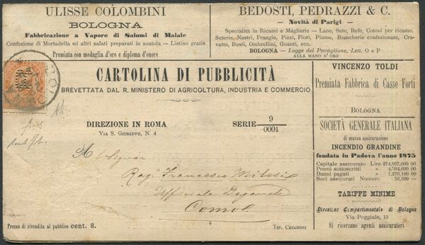 1889, Regno dItalia, Cartolina di Pubblicit da 20 c. di Umberto I (1) affrancata con francobollo perforato C.C.  - Asta Filatelia e Storia Postale - Associazione Nazionale - Case d'Asta italiane