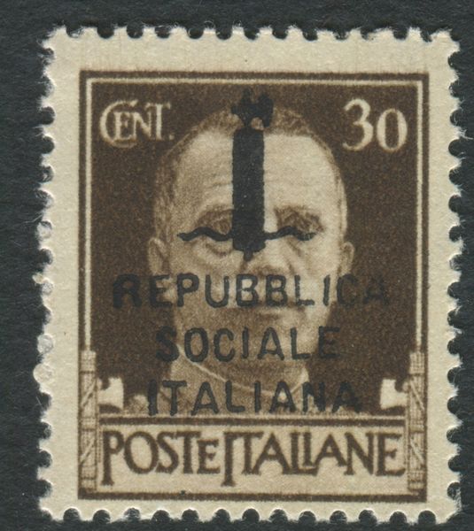 1944, Repubblica Sociale Italiana, Scambi di soprastampa, 30c. bruno (492B)  - Asta Filatelia e Storia Postale - Associazione Nazionale - Case d'Asta italiane