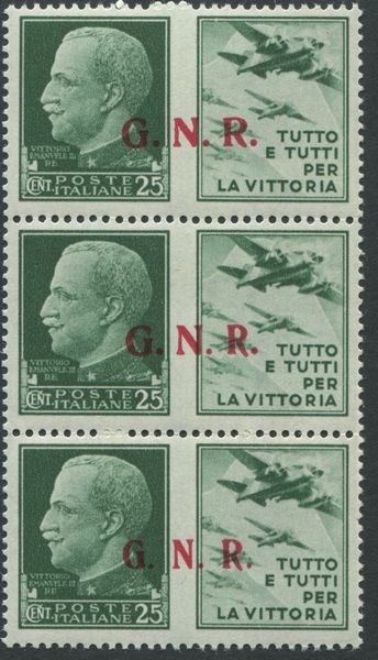 1944, Repubblica Sociale Italiane, Propaganda di Guerra. Trittico verticale del 25 cent. verdever con variet sullesemplare inferiore (15/I, 15/Ia e 15/II). Posizioni 20, 25 e 30. Raro, perfetto.  - Asta Filatelia e Storia Postale - Associazione Nazionale - Case d'Asta italiane