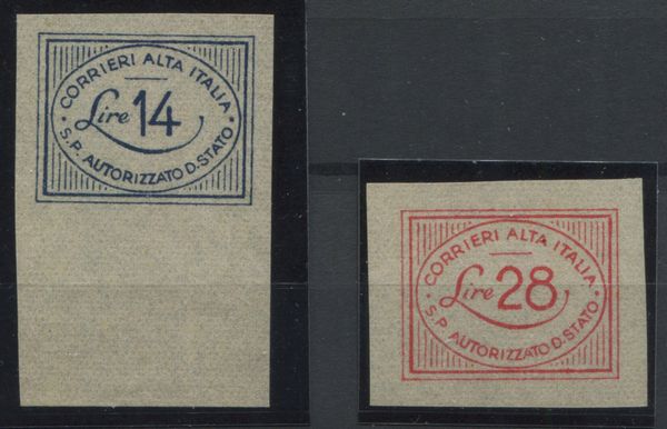 1945, Luogotenenza, Servizi Privati, Autorizzati, Coralit, 14 lire azzurro oltremare e 28 lire rosa carminio (S. 1/2) non dentellati e non gommati.  - Asta Filatelia e Storia Postale - Associazione Nazionale - Case d'Asta italiane