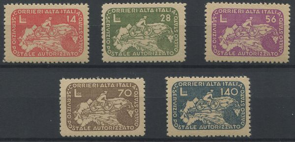 1945, Luogotenenza, Servizi Postali Privati, Ciclista su carta geografica, 5 valori, dentellati e gomma integra (S. 8/12)  - Asta Filatelia e Storia Postale - Associazione Nazionale - Case d'Asta italiane