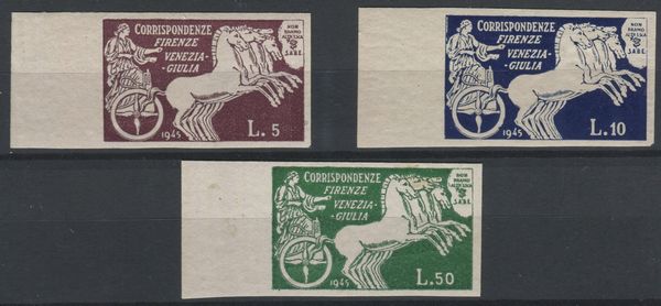 1945, Luogotenenza, Servizi Postali Privati, S.A.B.E, 3 valori non dentellati, nuovi gomma integra (S.13/15).  - Asta Filatelia e Storia Postale - Associazione Nazionale - Case d'Asta italiane