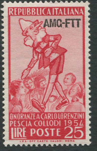 1954, Trieste zona A, 25 lire rosa carminio. Pinocchiosoprastampato AMG-FT1, non emesso (208A)  - Asta Filatelia e Storia Postale - Associazione Nazionale - Case d'Asta italiane