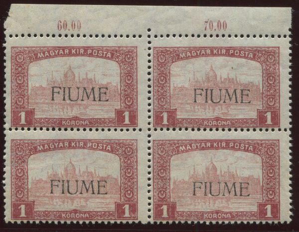 1918-19, Fiume, serie Vedute, 1k. carminio e rosa (17), quartina gomma integra bdf  - Asta Filatelia e Storia Postale - Associazione Nazionale - Case d'Asta italiane