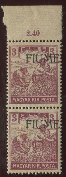 1918, Fiume, serie Mietitori, 3 filler lilla violetto coppia bdf, Variet soprastampa fortemente spostata in alto a destra  - Asta Filatelia e Storia Postale - Associazione Nazionale - Case d'Asta italiane