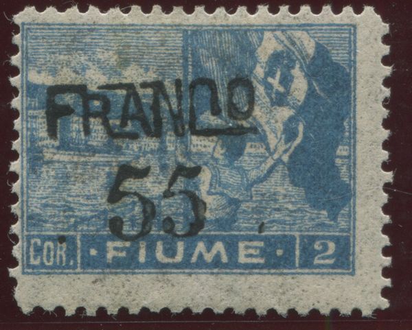 1919, Fiume, serie Allegorie, 55 su 2c. cobalto carta B (B84)  - Asta Filatelia e Storia Postale - Associazione Nazionale - Case d'Asta italiane