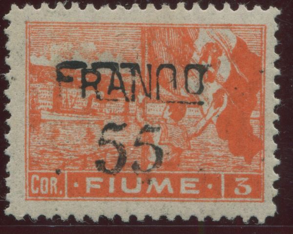 1919, Fiume, serie Allegorie, 55 su 3c. vermiglio arancio, carta B (B85)  - Asta Filatelia e Storia Postale - Associazione Nazionale - Case d'Asta italiane