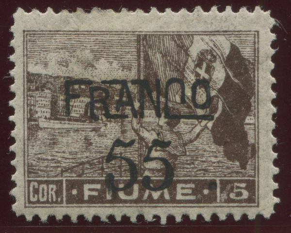 1919, Fiume, serie Allegorie, 55 su 5c. cioccolato, carta B (B86)  - Asta Filatelia e Storia Postale - Associazione Nazionale - Case d'Asta italiane