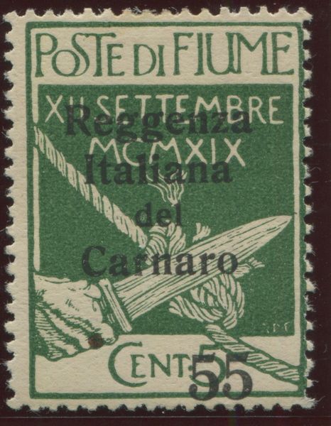 1920, Fiume, Francobollo Ingresso dei Legionari a Fiume soprastampato Reggenza Italiana del Carnaro, 55 su 5c. verde, Variet punto prima di 55  - Asta Filatelia e Storia Postale - Associazione Nazionale - Case d'Asta italiane