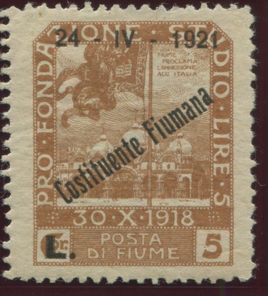 1921, Fiume, serie pro Fondazione Studio, 5l. bruno giallo, variet seconda a di Fiumana spostata in alto (174nc)  - Asta Filatelia e Storia Postale - Associazione Nazionale - Case d'Asta italiane