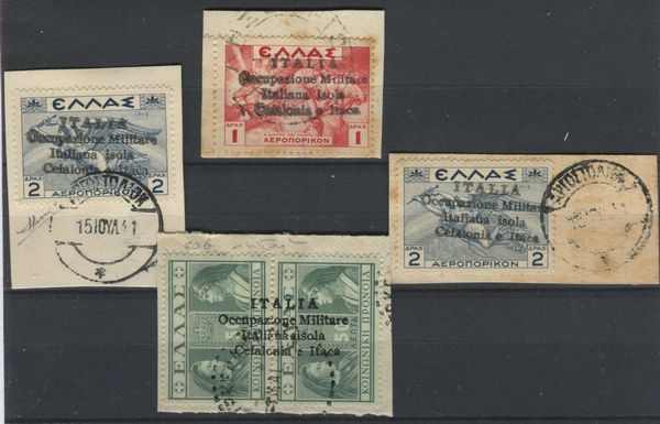 1941, Cefalonia e Itaca, quattro frammenti: posta ordinaria Emissioni di Argostoli 50+ 50 l. verde, coppia verticale con sopr. orrizzontale(30) usata; Posta aerea, 1 l. rosso (13); due esemplari su due frammenti del 2 l. (14).  - Asta Filatelia e Storia Postale - Associazione Nazionale - Case d'Asta italiane