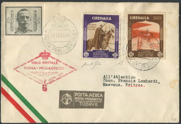 1934 - Volo Roma Mogadiscio - 4 aerogrammi da Tobruk a Massaua e Mogadiscio  - Asta Filatelia e Storia Postale - Associazione Nazionale - Case d'Asta italiane