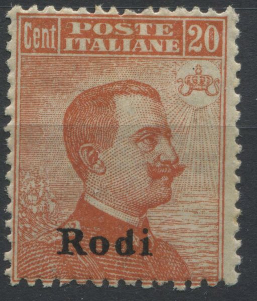 1918, Possedimenti, Rodi, 20c. arancio senza filigrana (12c)  - Asta Filatelia e Storia Postale - Associazione Nazionale - Case d'Asta italiane