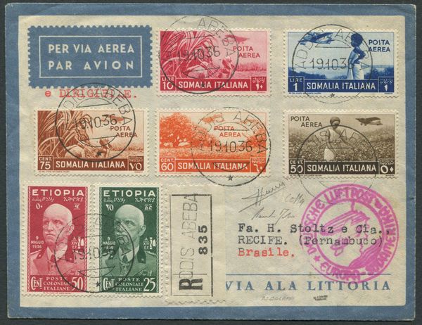 1936 - Colonia di Eritrea - Posta Aerea - Raccomandata da Addis Abeba a Recife (Brasile)  - Asta Filatelia e Storia Postale - Associazione Nazionale - Case d'Asta italiane