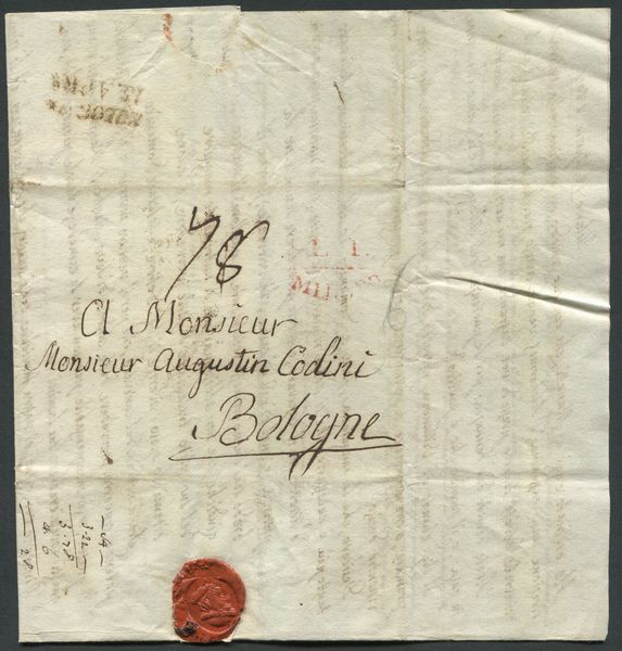 1808, Regno dItalia napoleonico, Lettera da Milano a Bologna del 13 aprile 1808  - Asta Filatelia e Storia Postale - Associazione Nazionale - Case d'Asta italiane