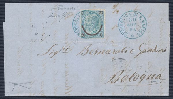 1865, S. Marino, Precursori, lettera da S. Marino per Bologna del 30 dicembre 1865, affrancata con 20 cent. Ferro di cavallo del I tipo (E8)  - Asta Filatelia e Storia Postale - Associazione Nazionale - Case d'Asta italiane