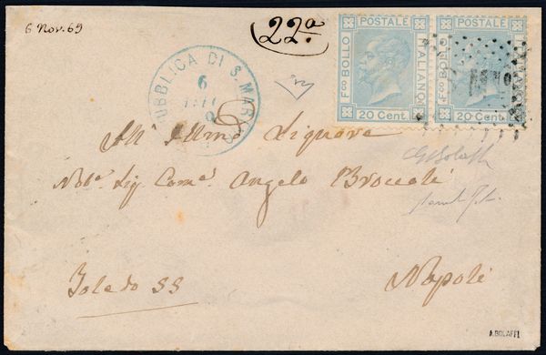 1869, S. Marino, Precursori, bustina per Napoli del 6 dicembre 1869, affrancata con coppia del 20c. (F11L)  - Asta Filatelia e Storia Postale - Associazione Nazionale - Case d'Asta italiane