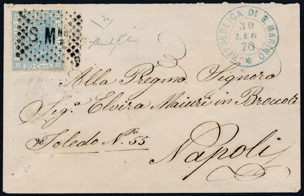 1870, S. Marino, Precursori, bustina per Napoli del 30 luglio 1870, affrancata con 20c. dItalia (F11L),  - Asta Filatelia e Storia Postale - Associazione Nazionale - Case d'Asta italiane