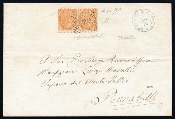 1872, S. Marino, Precursori, busta da S. Marino per Pennabilli, del 26/11/1872, affrancata con coppia del 10c. dItalia (F4L)  - Asta Filatelia e Storia Postale - Associazione Nazionale - Case d'Asta italiane