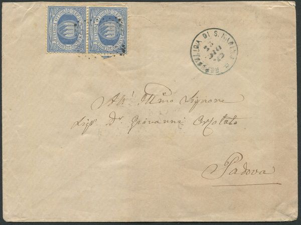 1879, S.Marino, busta per Padova affrancata con coppia del 10c. azzurro (3)  - Asta Filatelia e Storia Postale - Associazione Nazionale - Case d'Asta italiane