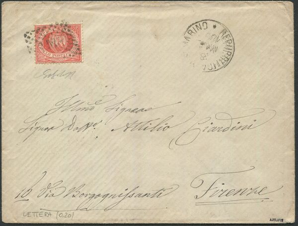 1887, S.Marino, Busta per Firenze del 3 maggio 1887, affrancata con 20 cent. rosso (4)  - Asta Filatelia e Storia Postale - Associazione Nazionale - Case d'Asta italiane