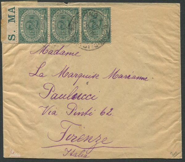 1888, S.Marino, fascetta per Firenze affrancata con striscia di tre del 2c. verde (1)  - Asta Filatelia e Storia Postale - Associazione Nazionale - Case d'Asta italiane