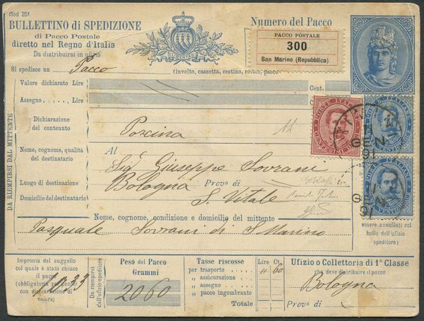 1891, S.Marino, Bollettino di spedizione pacco da San Marino per S. Vitale (Bologna) con affrancatura Italia Regno 1879 10c. carminio e coppia 25c. azzurro  - Asta Filatelia e Storia Postale - Associazione Nazionale - Case d'Asta italiane