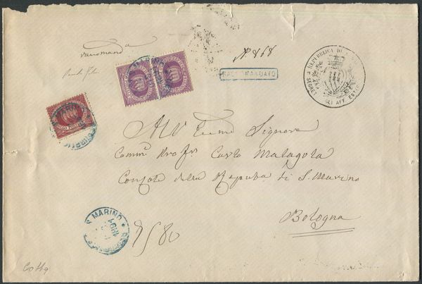 1891, S.Marino, Grande busta raccomandata per Bologna del 24 dicembre 1891, affrancata con cent. 25 lacca e coppia del 40 cent. lilla scuro (5+7)  - Asta Filatelia e Storia Postale - Associazione Nazionale - Case d'Asta italiane