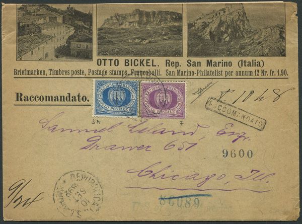 1892, S.Marino, Busta illustrata raccomandata, diretta a Chicago ed affrancata con 10c. e 40c. (3a, 7)  - Asta Filatelia e Storia Postale - Associazione Nazionale - Case d'Asta italiane