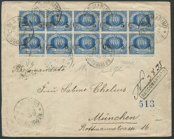 1892, S.Marino, Busta per Monaco, affrancata con blocco di dieci del 10 cent. azzurro soprastampato Cent.mi 5 (8)  - Asta Filatelia e Storia Postale - Associazione Nazionale - Case d'Asta italiane