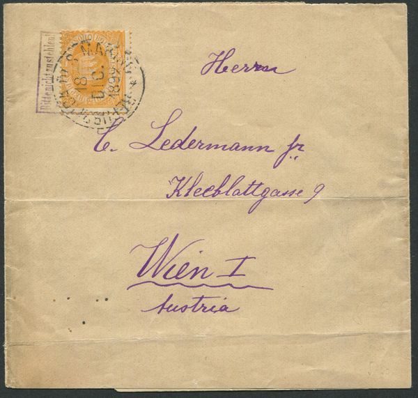 1892, S.Marino, fascetta per stampe per Vienna, affrancata con 5c. giallo arancio (2a).  - Asta Filatelia e Storia Postale - Associazione Nazionale - Case d'Asta italiane