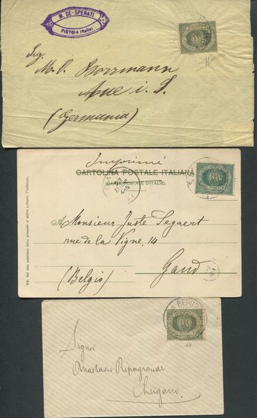 1892/94, S.Marino, Una fascetta e una piccola busta per lestero, ognuna affr. con 5c. verdegrigio oliva (13a) e una cartolina per il Belgio con 5c. verde olivastro (13)  - Asta Filatelia e Storia Postale - Associazione Nazionale - Case d'Asta italiane