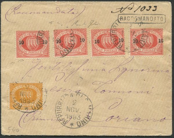 1893, S.Marino, Busta per Coriano del 2 novembre 1893, affrancata con. 5 cent. giallo e striscia di quattro del 20 c. rosso soprastampato 10-10 (2+11)  - Asta Filatelia e Storia Postale - Associazione Nazionale - Case d'Asta italiane