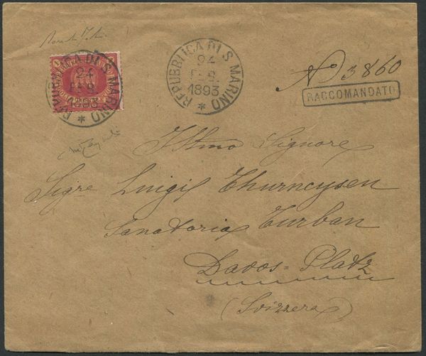 1893, S.Marino, Raccomandata per Davos Platz affrancata con 1 lira carminio su giallo (20)  - Asta Filatelia e Storia Postale - Associazione Nazionale - Case d'Asta italiane